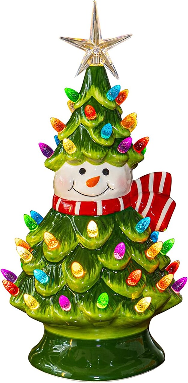 11&#x22; Ceramic Christmas Tree, Pre-Lit Battery Operated Vintage Tabletop Snowman Tree Ornaments with 50 Multicolored Lights, Christmas Table Decorations for Xmas Indoor Desk Centerpiece Decor